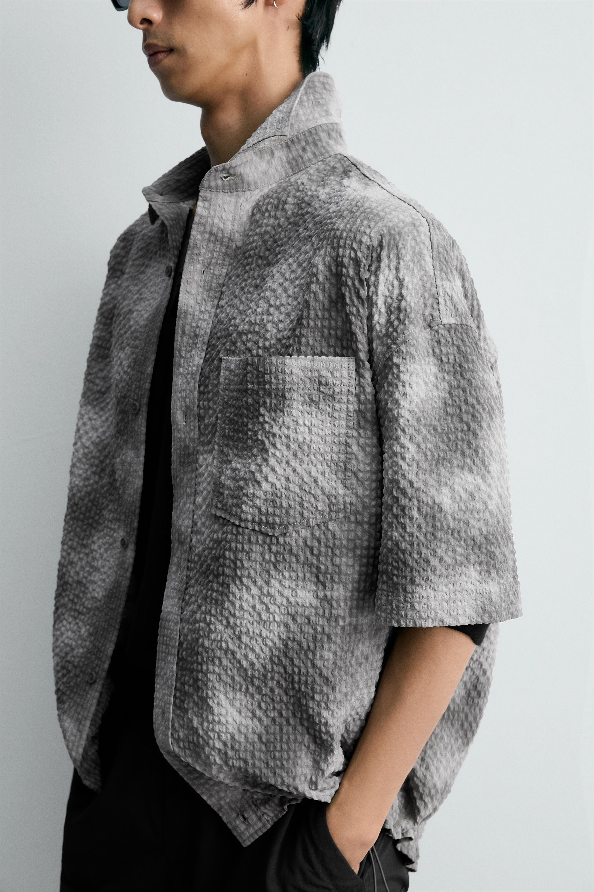 テクスチャー素材アブストラクト柄プリントシャツ - グレー