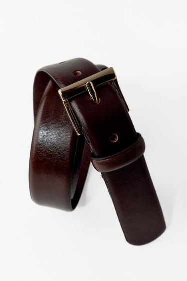 Zara LEATHER BELT WITH SQUARE BUCKLE - Dark brown