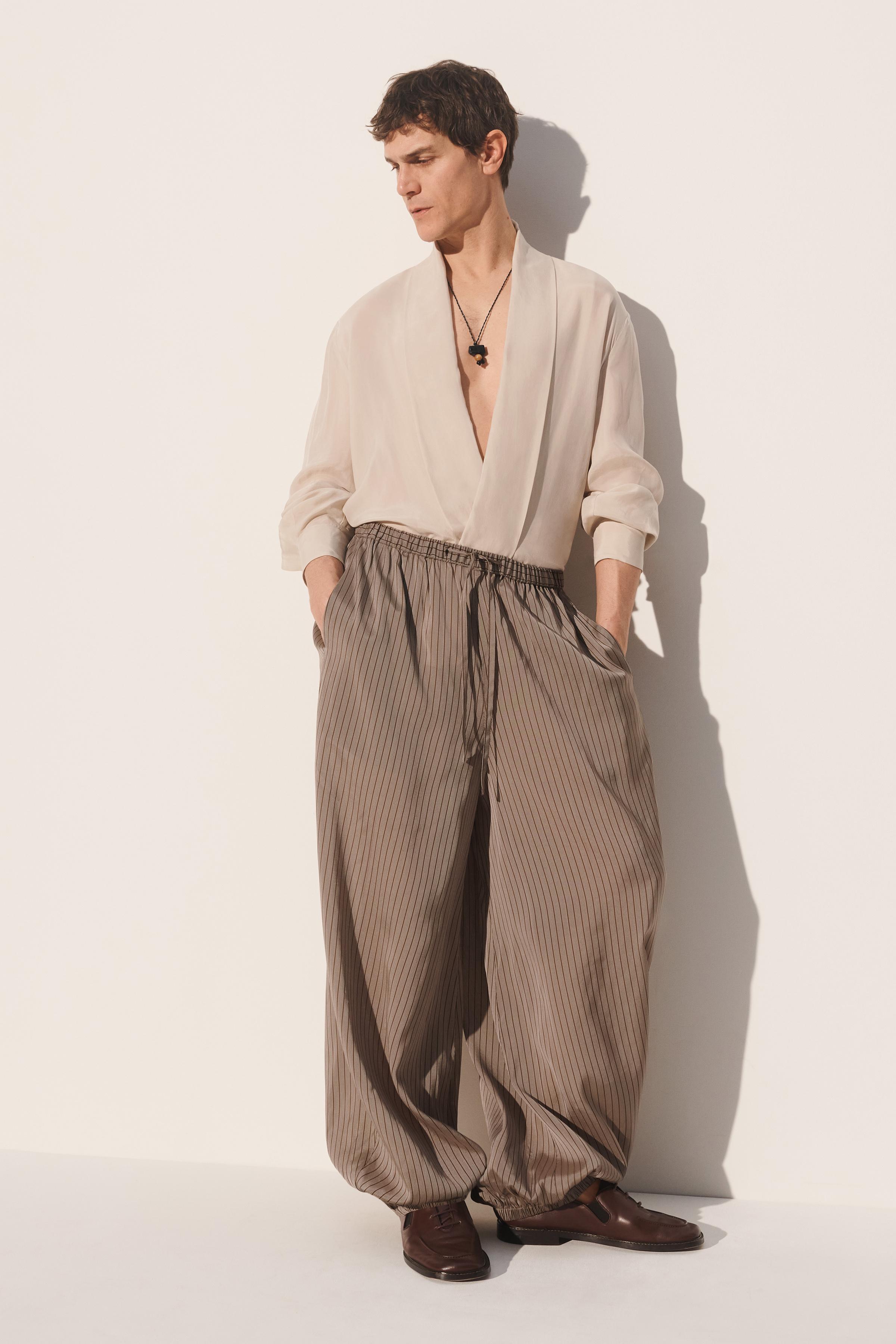 VISCOSE-CUPRO STRIPED BALLOON FIT PANTS