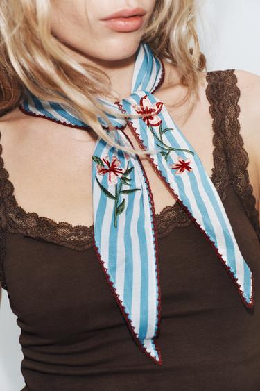 STRIPED BANDANNA WITH EMBROIDERED FLOWERS - Blue by Zara - Image 1