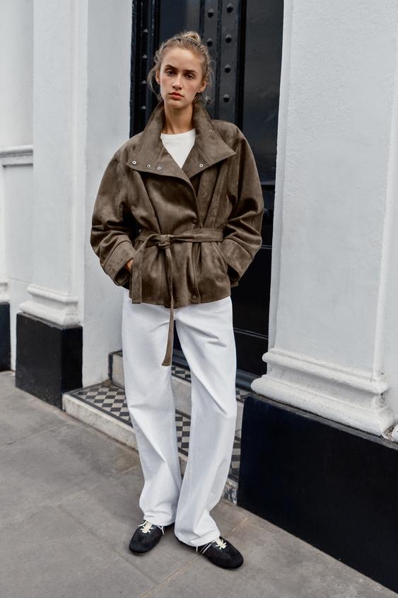 BELTED FAUX SUEDE JACKET - Dark mink by Zara - Image 0