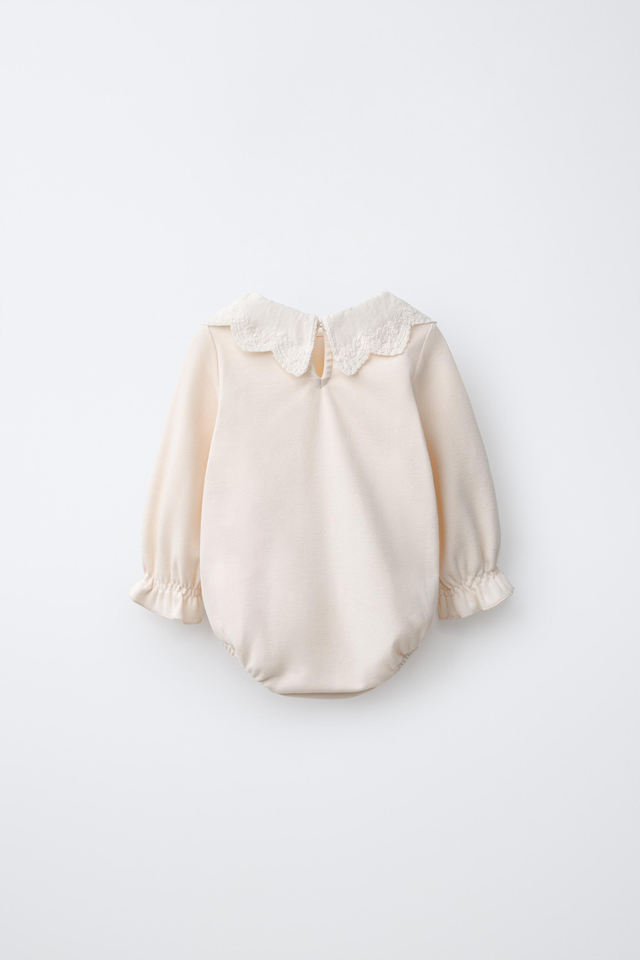 EMBROIDERED PETER PAN COLLAR BODYSUIT — Light ecru