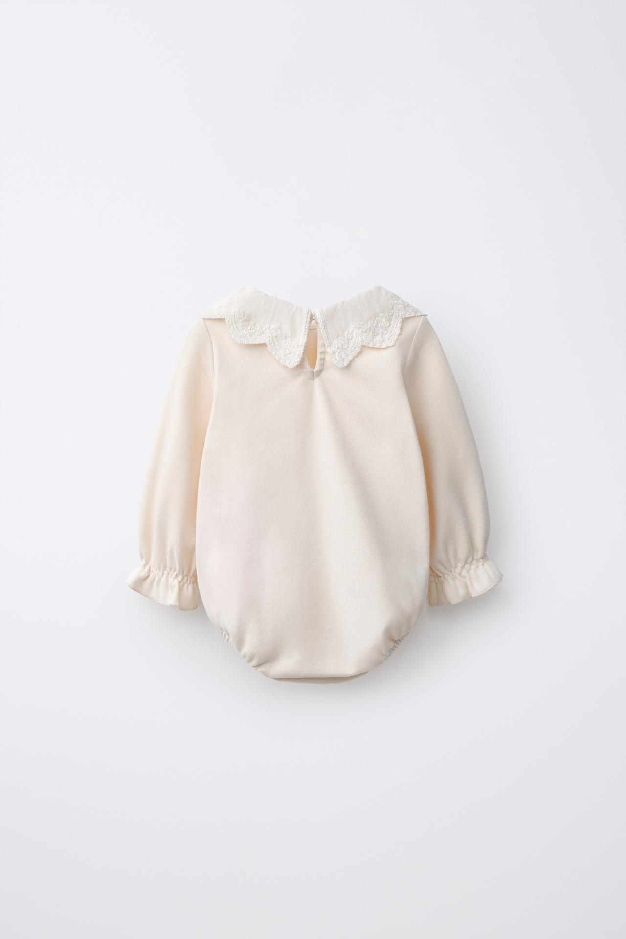 EMBROIDERED PETER PAN COLLAR BODYSUIT — Light ecru
