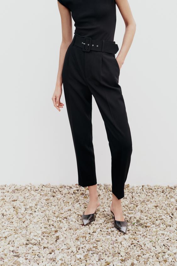 ZARA WOMEN'S HIGH WAISTED PANTS WITH FABRIC COVERED BELT BLACK SIZE XS ~NWT