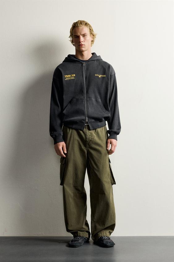 Zara 刺繡羅紋連帽拉鍊運動衫 - 深無煙煤色 - 圖片 0