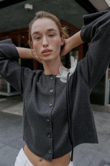 FLORAL RIBBED CARDIGAN - Grey by Zara - Image 1