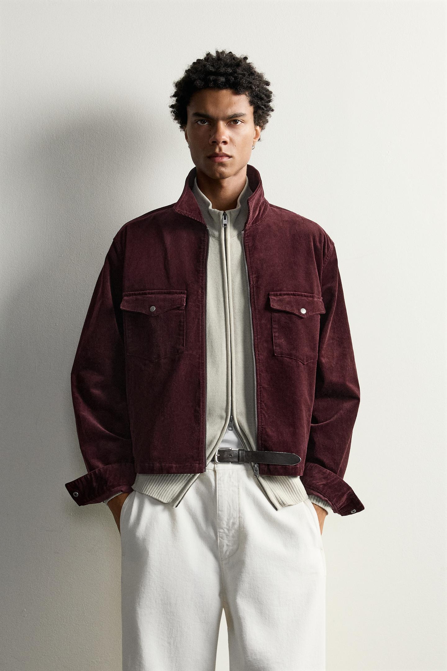 Мужская рубашка Zara Cropped Corduroy Overshirt, цвет: Бордовый — фото 2