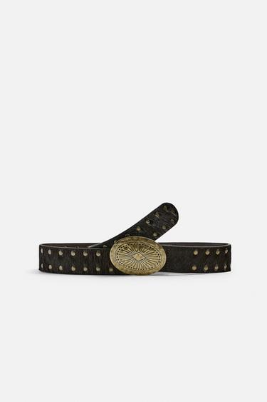 HAIRY LEATHER STUDDED BELT - Tobacco by Zara