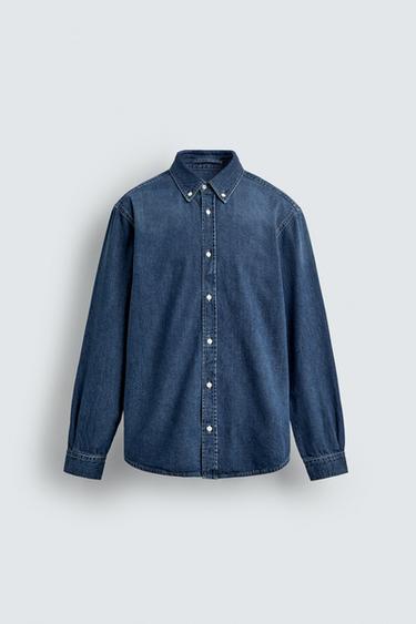 COTTON-CASHMERE DENIM SHIRT - Mid-blue by Zara