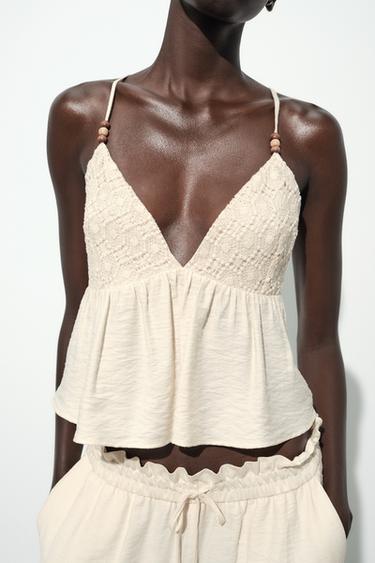 BEADED STRAPPY TOP - Ecru by Zara