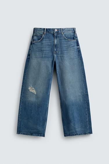 Zara RELAXED FIT RIPPED JEANS - Mid-blue