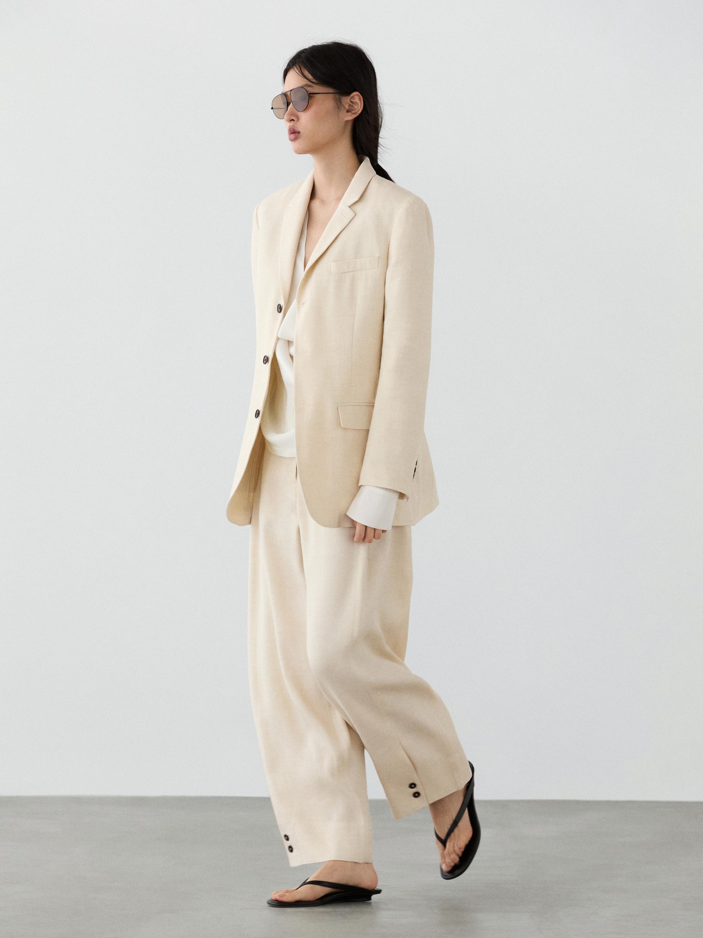 Linen blend suit trousers with button detail