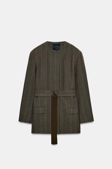 ZW 컬렉션 스트라이프 벨트 블레이저 - Zara 카키