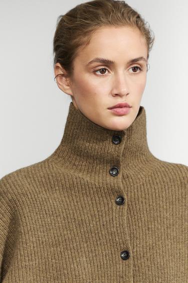 100% wool purl funnel neck cardigan — Oil 1