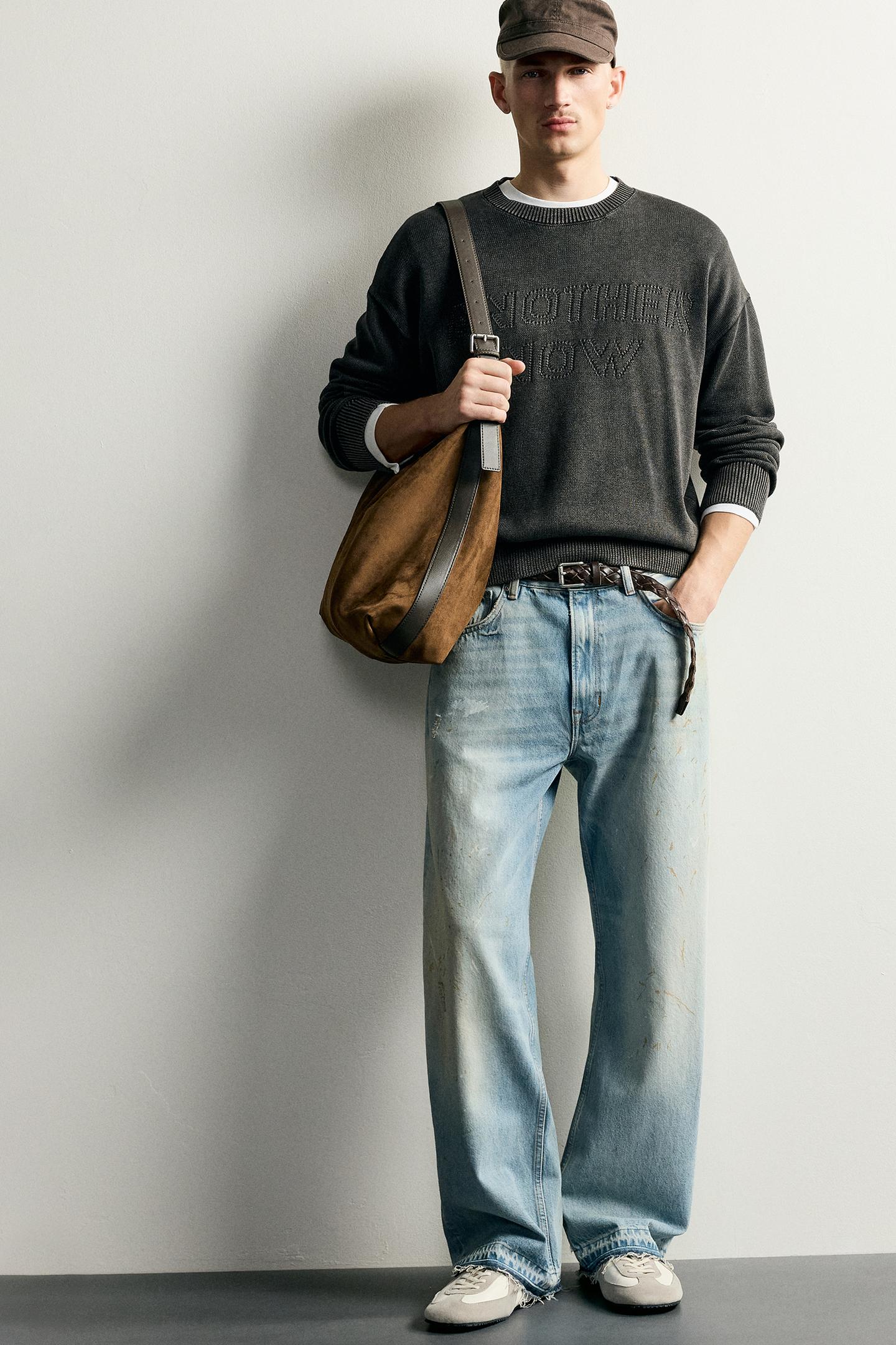 Мужской свитер Zara Relaxed Fit Intarsia, цвет: Выцветший чёрный — фото 8
