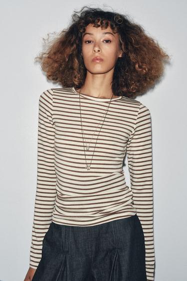 STRIPED LONG SLEEVE T-SHIRT - Ecru / Brown by Zara