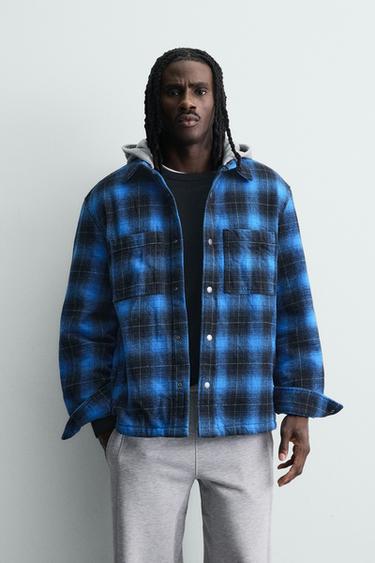 Zara CONTRAST HOODIE PLAID OVERSHIRT - Blue