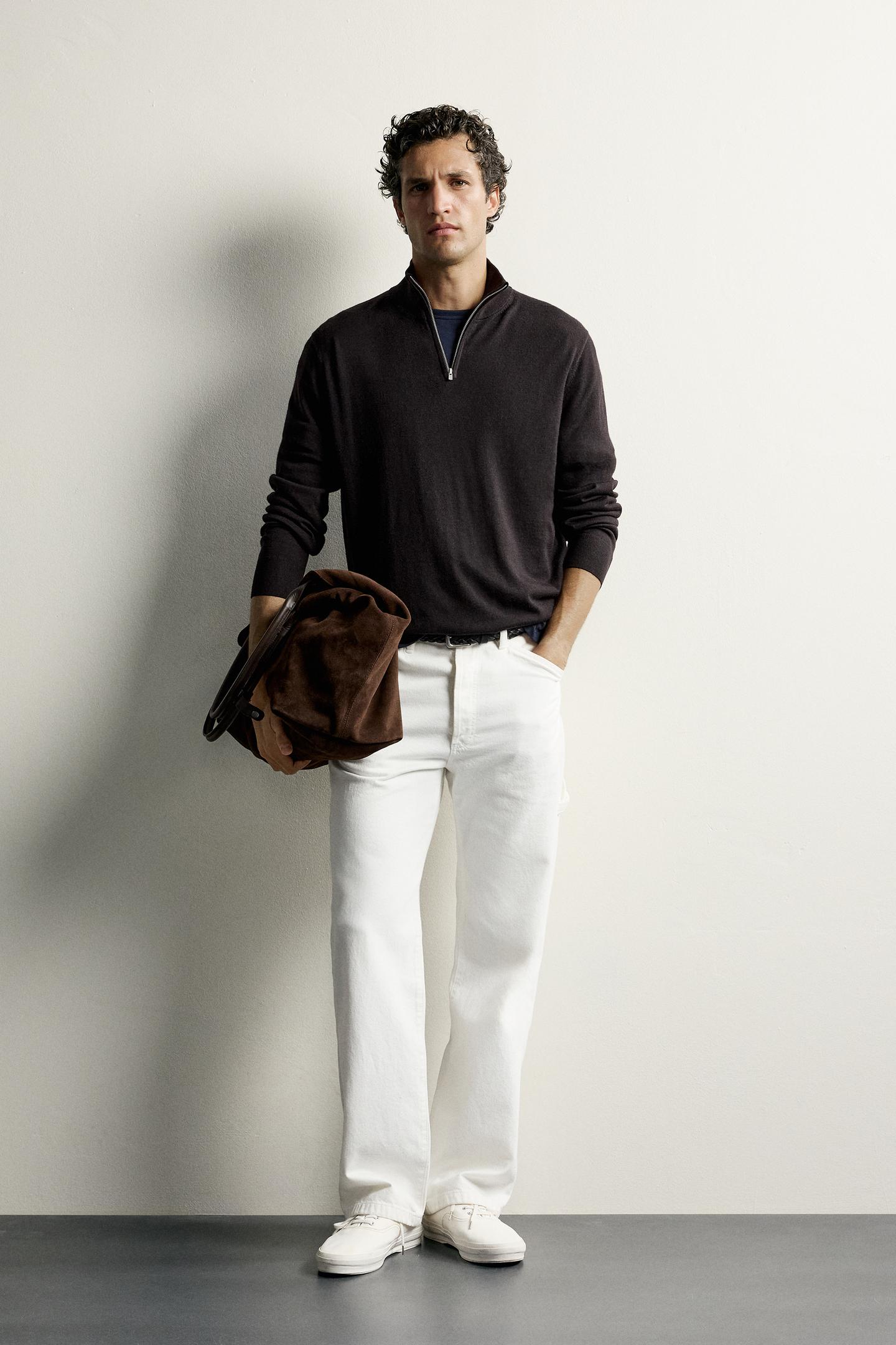 Мужской свитер Zara 100% Wool Quarter-Zip, цвет: Коричневый — фото 1