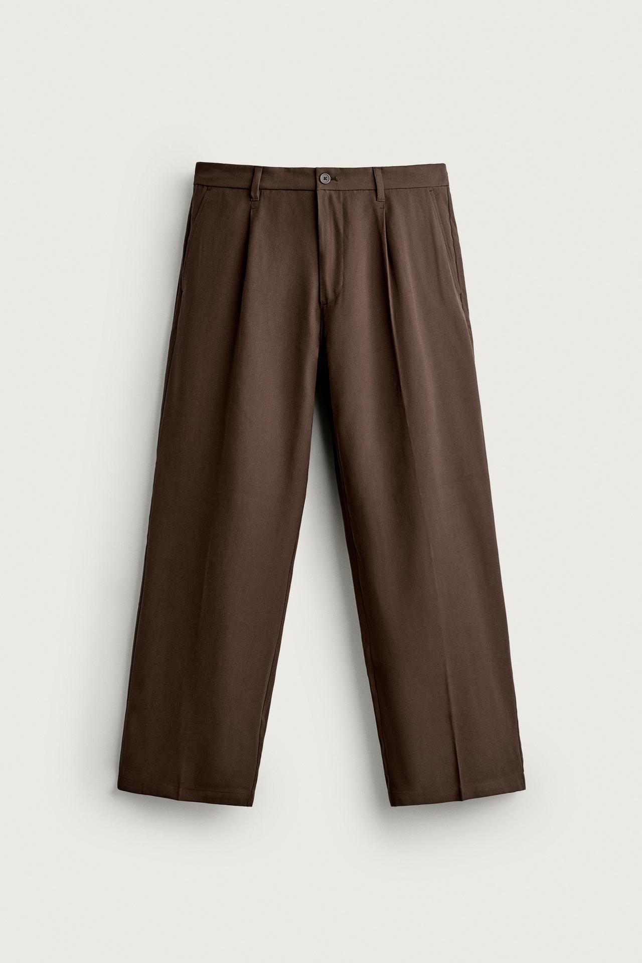 FLOWY RELAXED FIT PLEATED PANTS — Brown