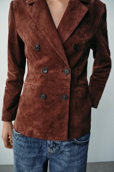 Zara 100% LEATHER FITTED BLAZER - Brick