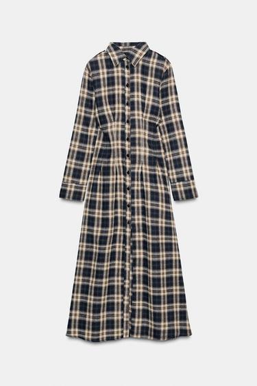 CHECKED PLEATED MIDI DRESS - Brown-Blue by Zara - Image 6