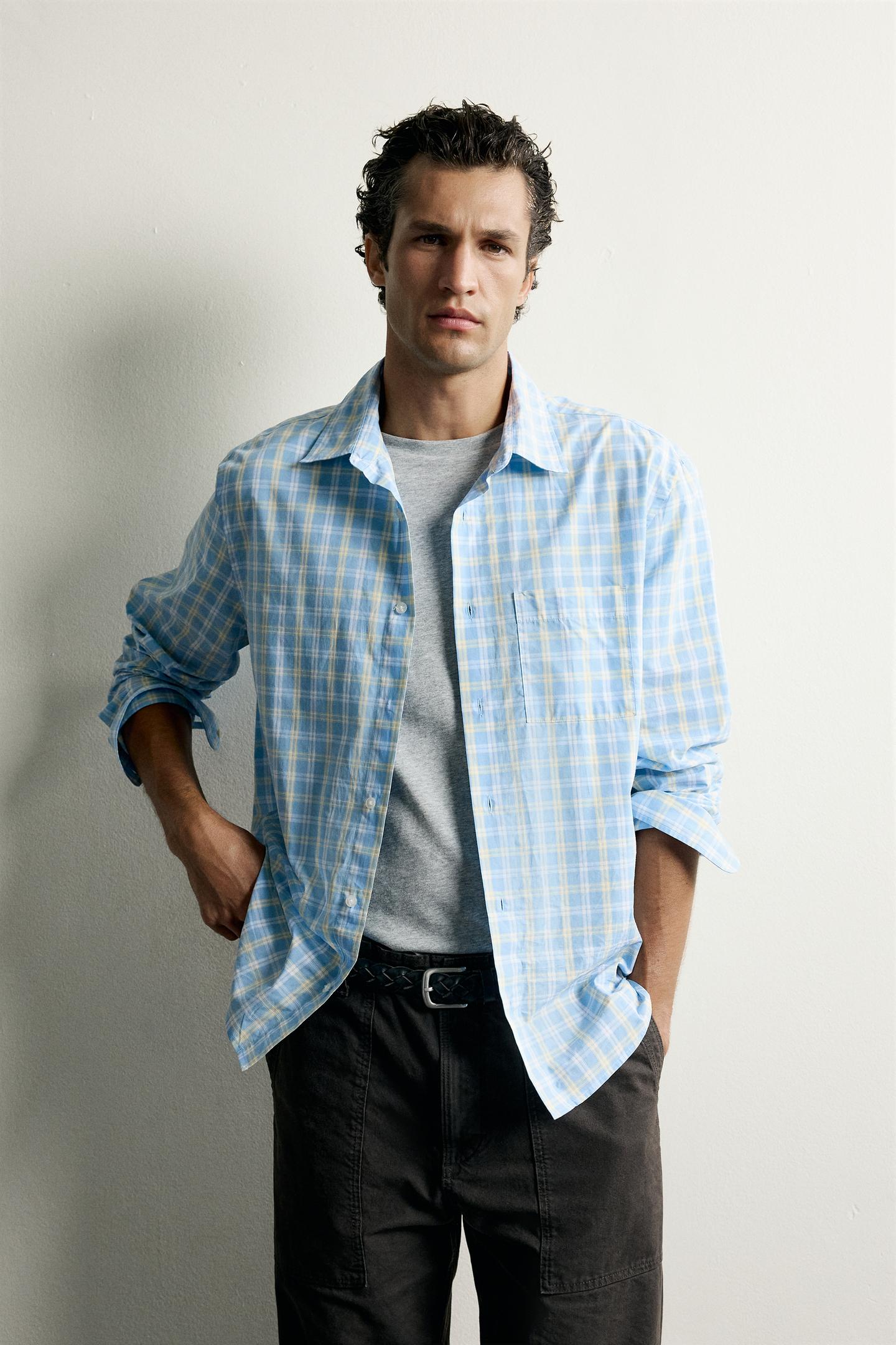 Мужская рубашка Zara Plaid Regular Fit, цвет: Морской зелёный — фото 2