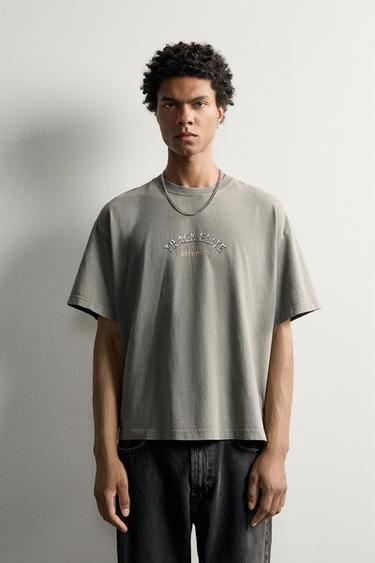 Zara RELAXED FIT GRAPHIC T-SHIRT - Stone