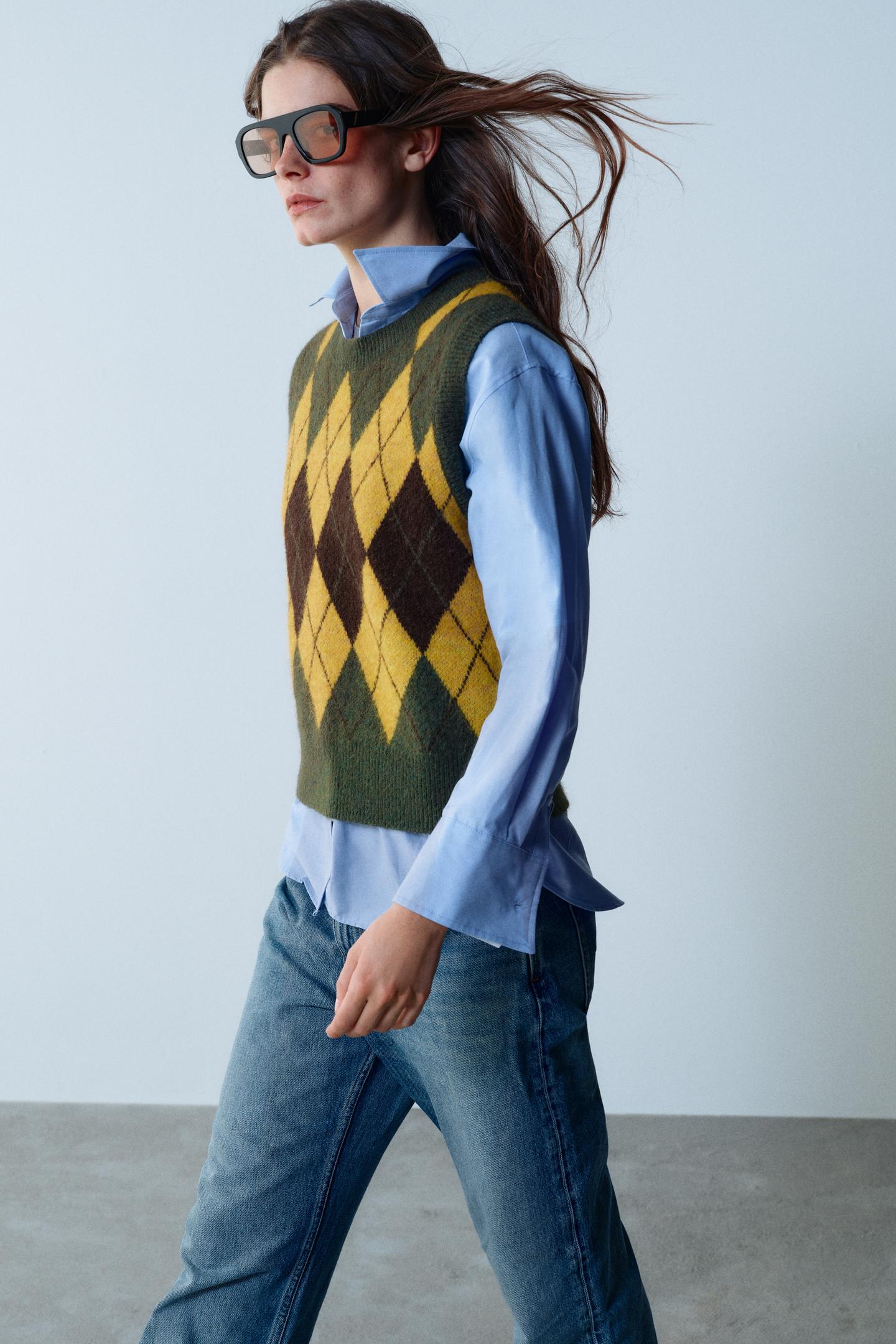 Женский жилет Zara Soft Knit Argyle Vest, цвет: Разноцветный — фото 3