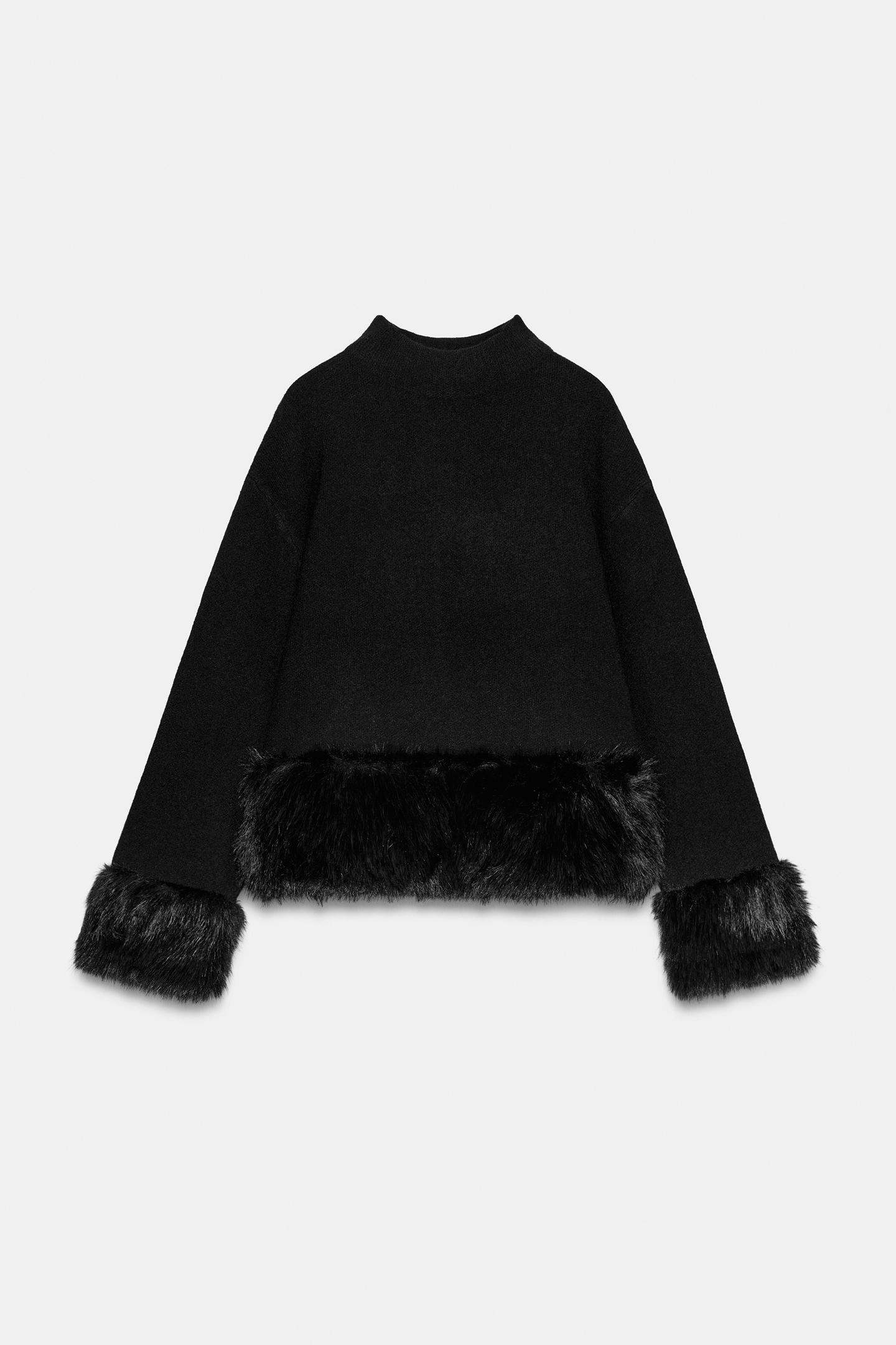 Женский свитер Zara Faux Fur Effect Combined, цвет: Чёрный — фото 6