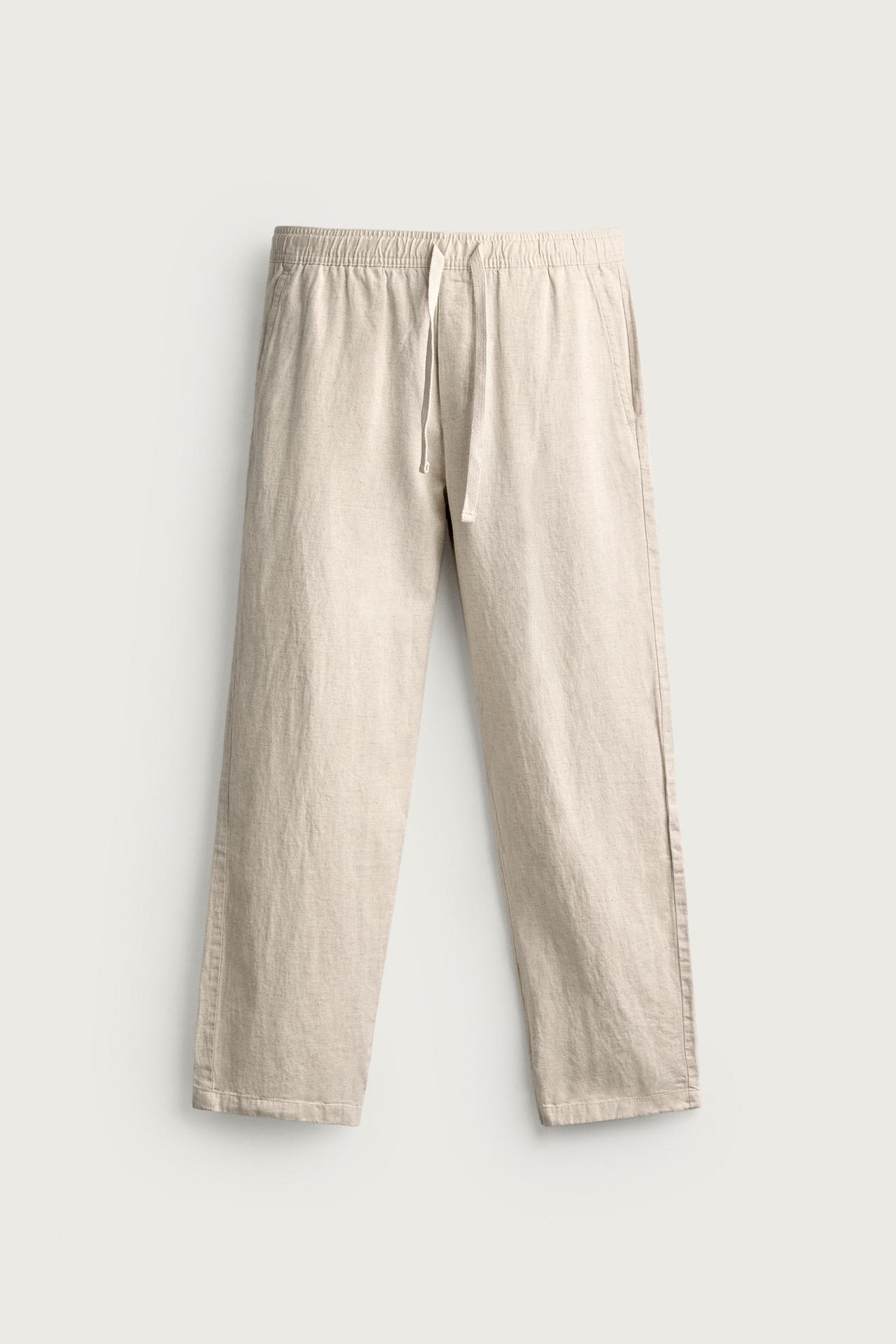 COTTON-LINEN RELAXED FIT PANTS — Light beige
