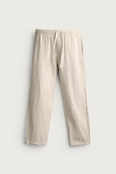 БРЮКИ RELAXED FIT ИЗ ХЛОПКА И ЛЬНА — СВЕТЛО-БЕЖЕВЫЙ от Zara