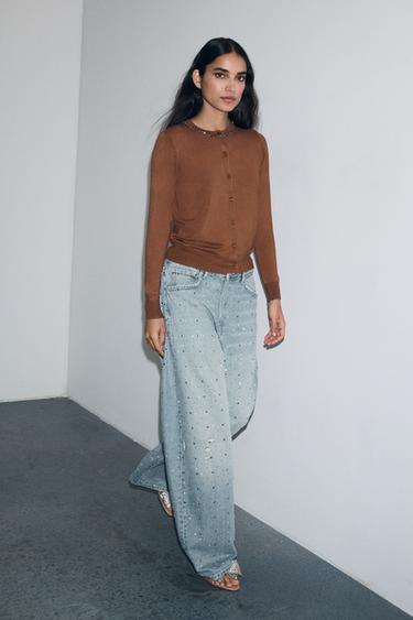 TRF BAGGY JEANS WITH RHINESTONE JEWELS - Navy blue by Zara