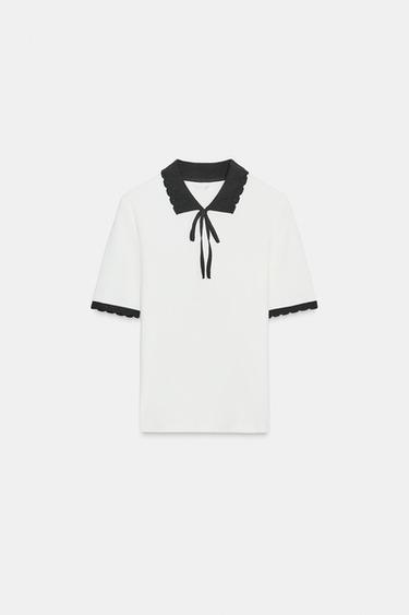CAMISETA CUELLO CONTRASTE LAZO - Blanco de Zara