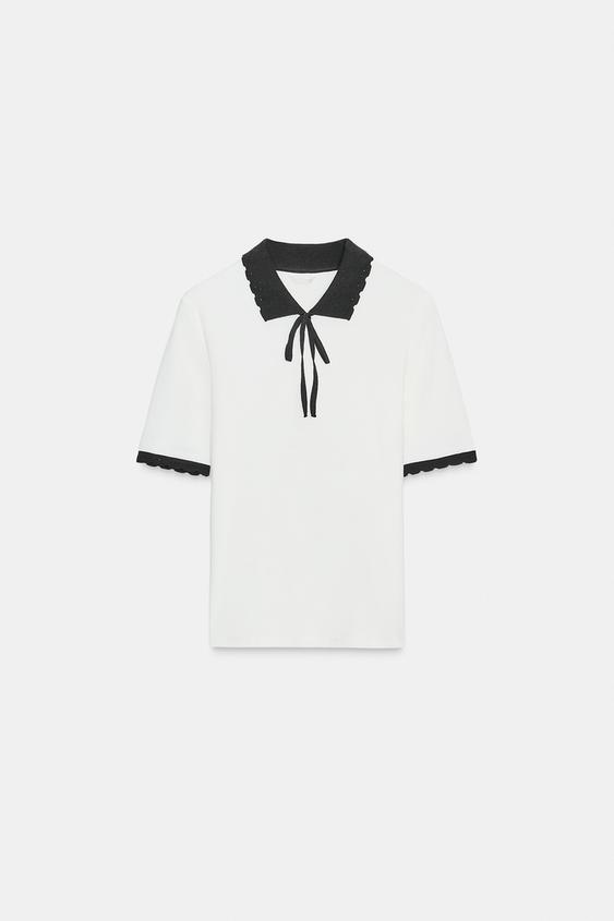 CONTRAST COLLAR BOW T-SHIRT
