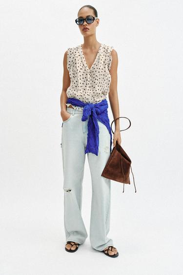 PRINTED POLKA DOT BLOUSE - Ecru / Brown by Zara