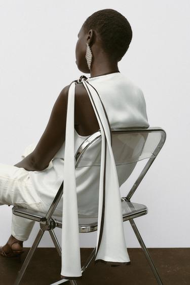 TOP SATINÉ NŒUD LISERÉS CONTRASTE - Écru / Marron de Zara - Image 5