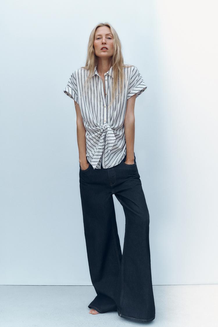 Shirt Blusas Lino Zara CAMISA RAYAS NUDO CON LINO Azul Blanco ZARA