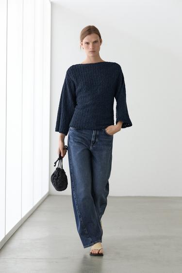 Zara Textured cotton blend knit sweater - Navy blue - Image 0