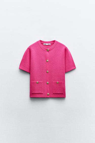 Zara KNIT CARDIGAN WITH SHORT SLEEVES - Fuchsia