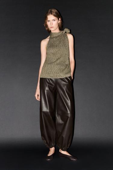 Zara 100% cotton halter top with tie detail - Mid-green