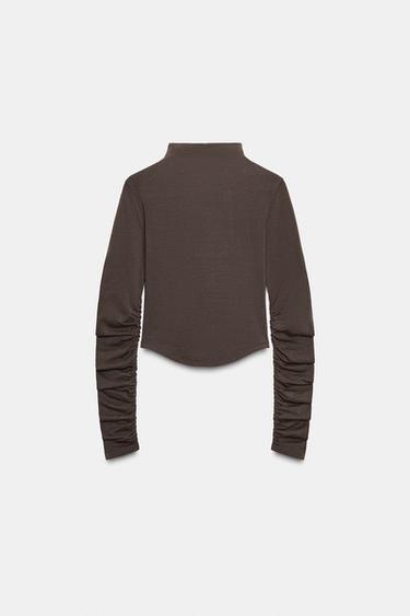 T-SHIRT ALGODÃO MODAL COM FRANZIDOS - Castanho da Zara