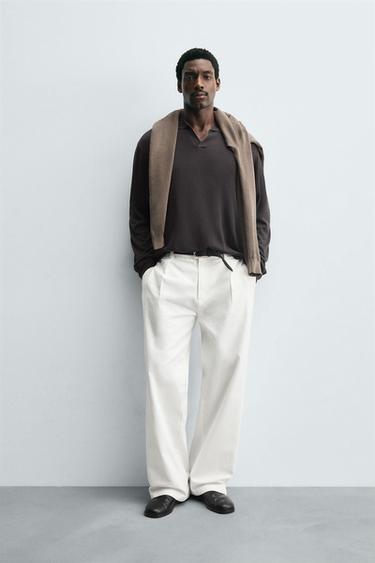 Zara TEXTURED KNIT POLO SHIRT - Dark gray