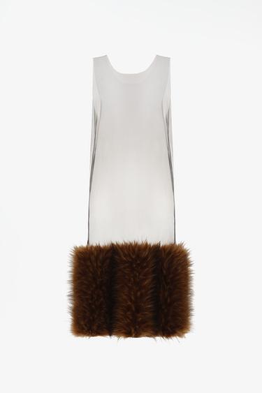 LIMITED EDITION TULLE MIDI DRESS WITH FAUX FUR — Brown 1