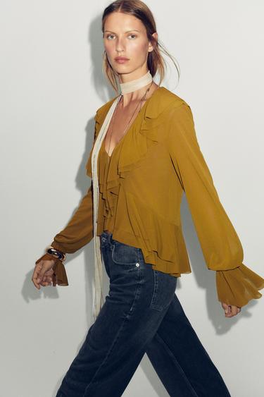 Zara FLOWY RUFFLED TOP - Olive green