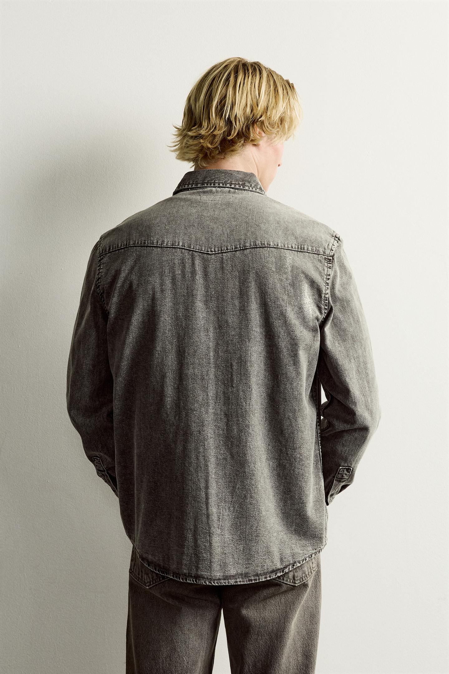 Мужская рубашка Zara Regular Fit Denim Western, цвет: Угольный — фото 3