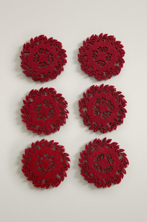CHRISTMAS LEAF FELT COASTER SET (PACK OF 6) - Red by Zara - Image 0