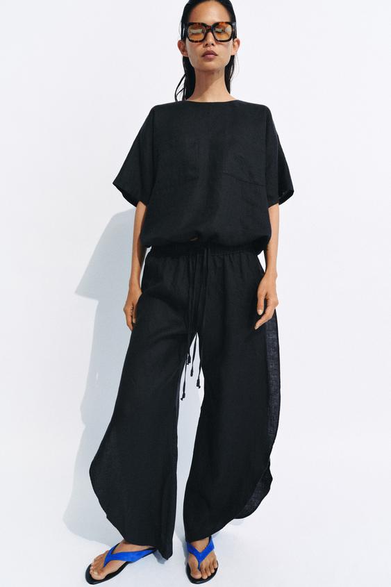 Zara 100% LINEN TOP AND PANTS SET ZW COLLECTION - Gray / Tan - Image 0