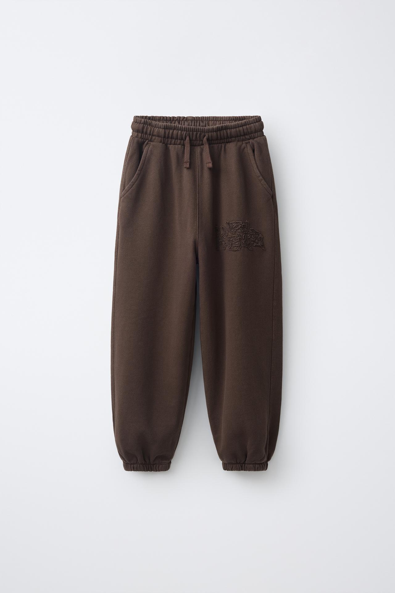EMBROIDERED JOGGER PANTS — Brown