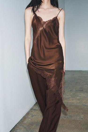 Zara ZW COLLECTION 蕾絲不對稱洋裝 - 棕色