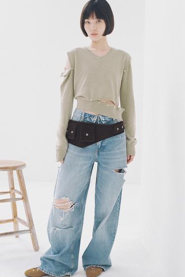 JEANS CINTURILLA DOBLADA TRF TIRO MEDIO - Zara 라이트 블루